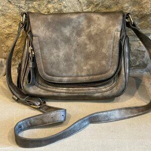 Zipper purse with many pockets adjustable strap crossbody messenger gray brown
